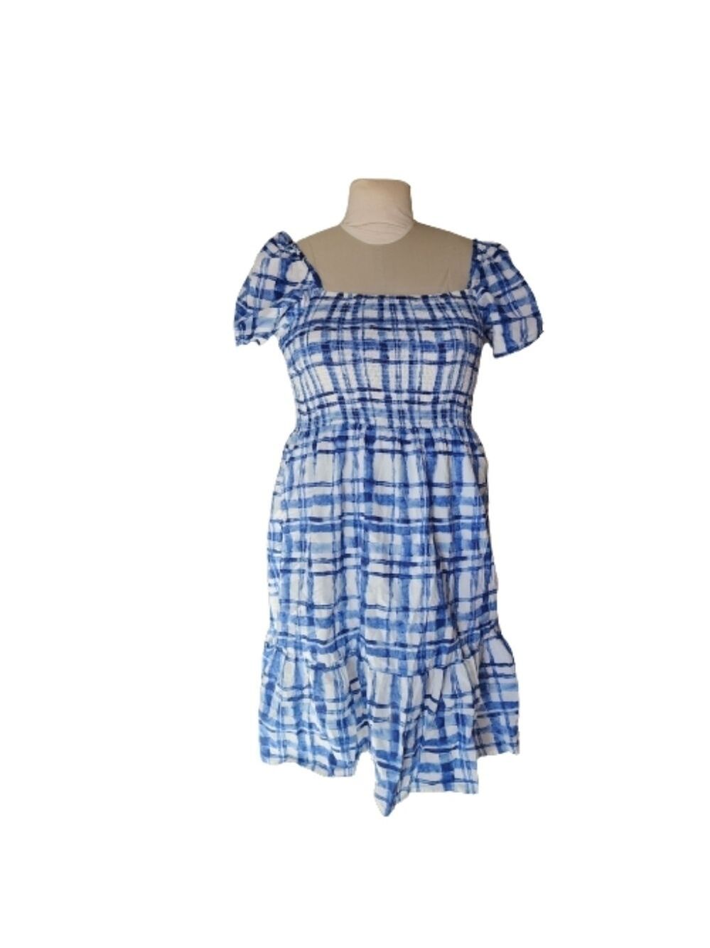 Gap short sleeves smocked squareneck plaid print midi dress